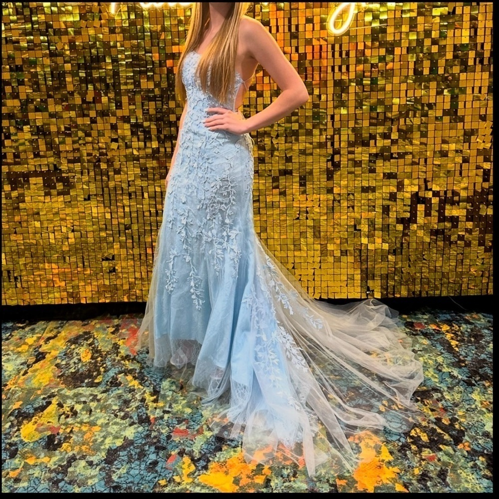 Trumpet/Mermaid Scoop Neck Lace Tulle Sweep Train Appliques Prom Dress Size 0 - Picture 3 of 14